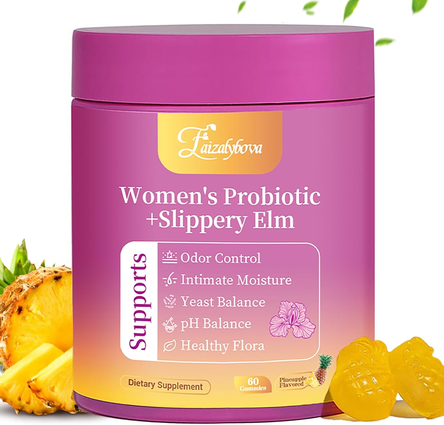 Her Juicy feminine probiotic gummies with slippery elm, tropical pineapple flavor
